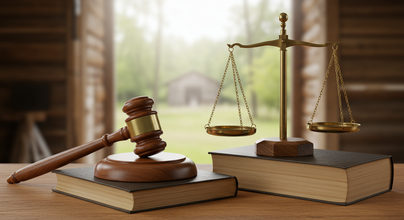 A judge’s gavel and balance scales rest on law books before a blurred house.