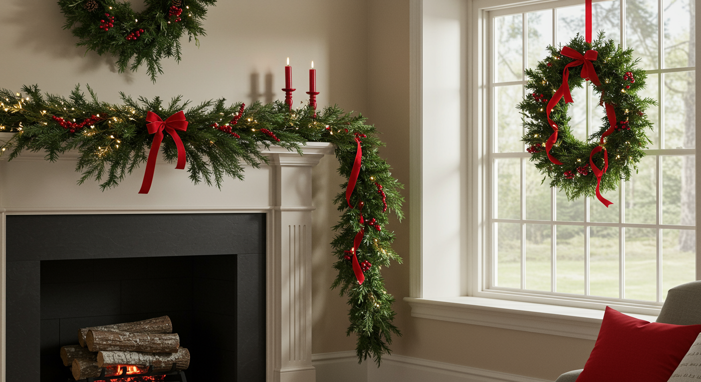 Living room with evergreen garlands over the fireplace and a red-ribbon wreath in the window.