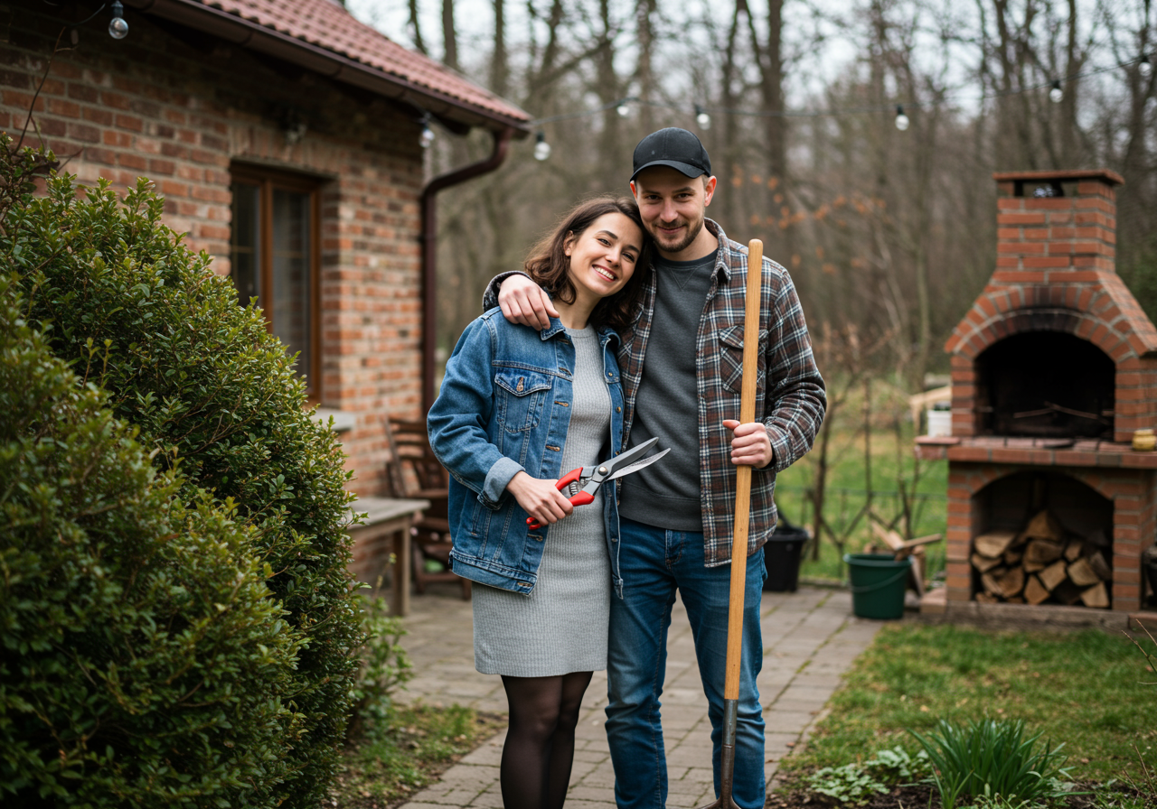 Couple trimming shrubs and landscaping their yard to enhance curb appeal and prepare for spring in Texas.
