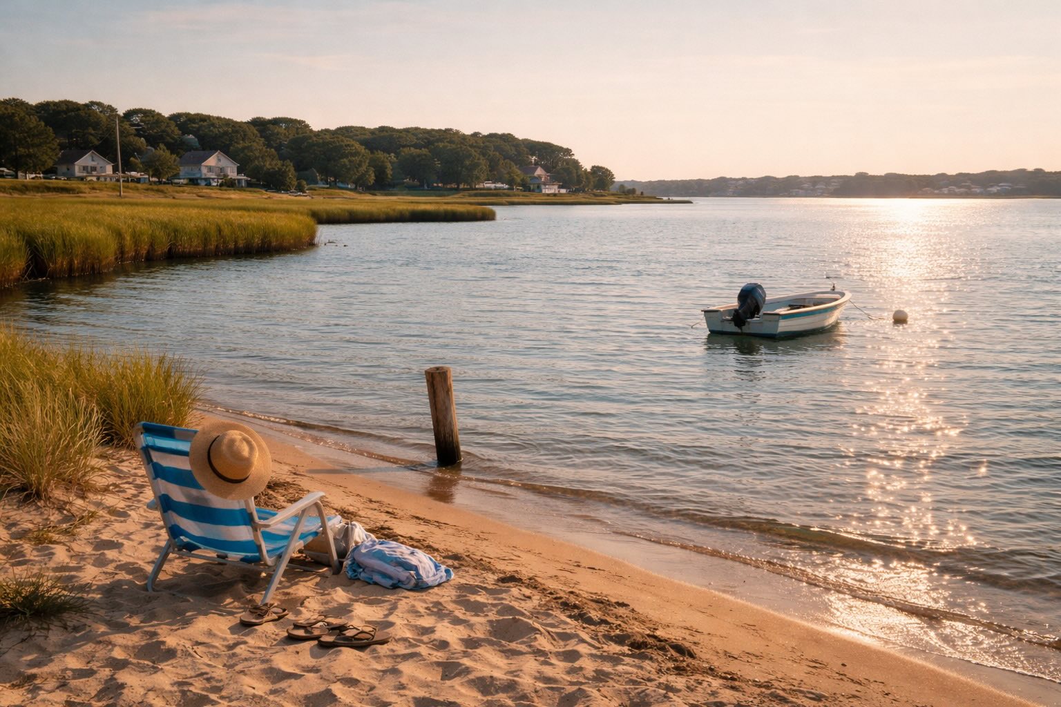 East Quogue shoreline with beach chair, tall grasses, and boat offshore