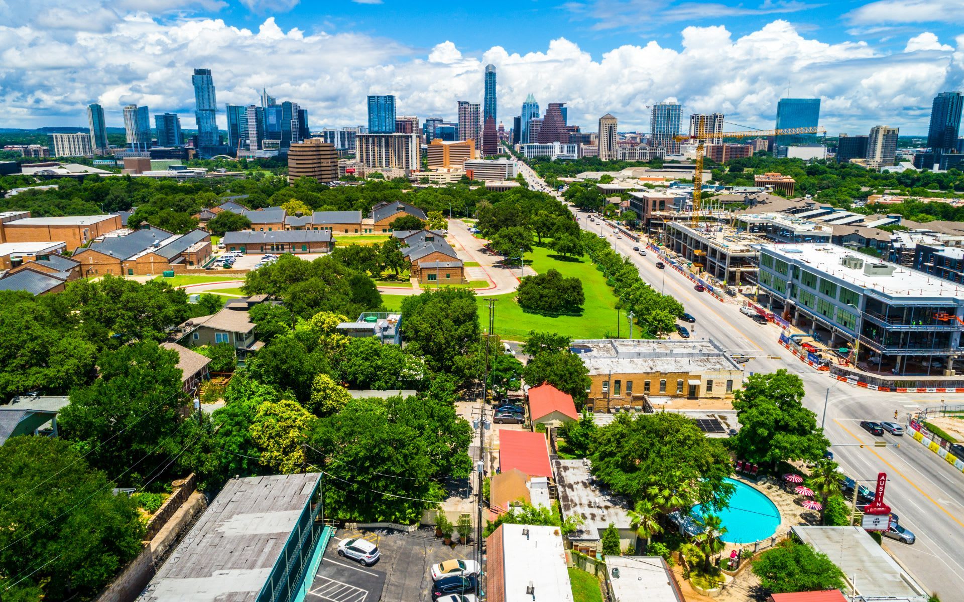Aerial view of East Austin 78702 with the downtown skyline