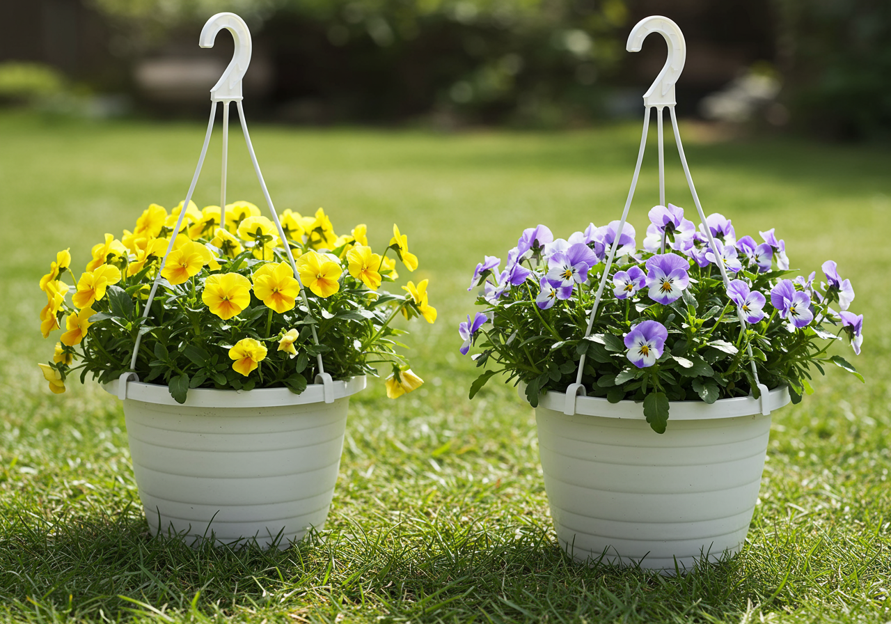 Hanging flower baskets with pansies