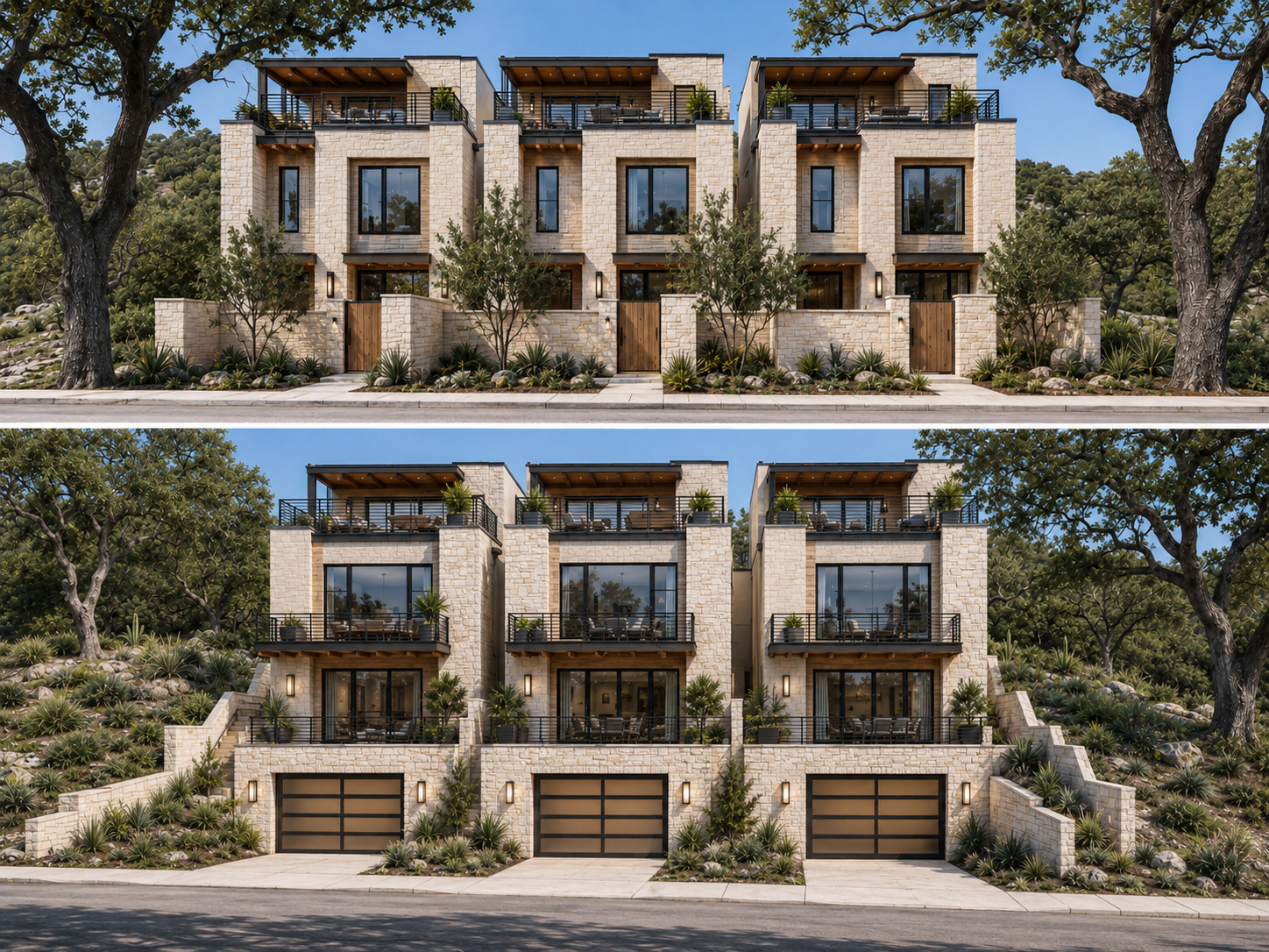 Modern stone residences with rooftop terraces, balconies, landscaped entries, and garages beneath mature trees.