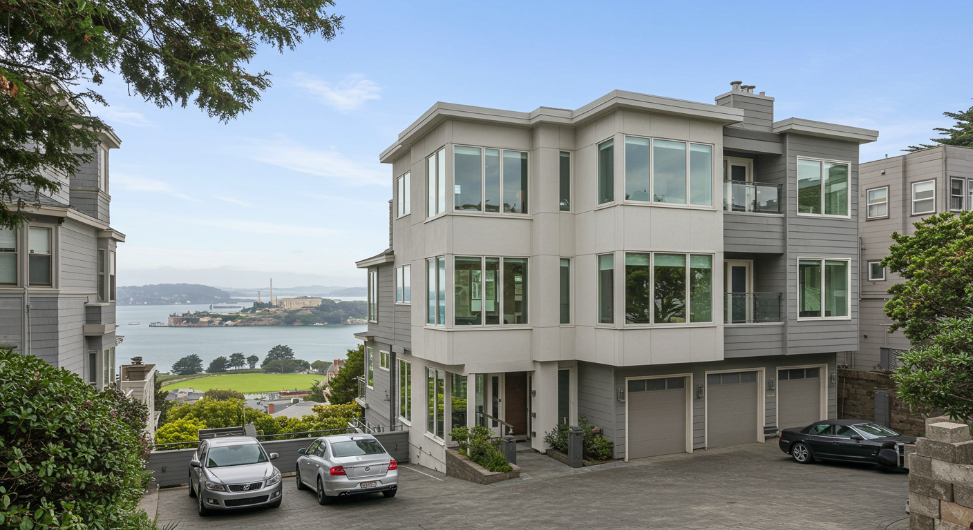 Modern multi-story home with broad windows, a three-car garage, and a view across the bay.