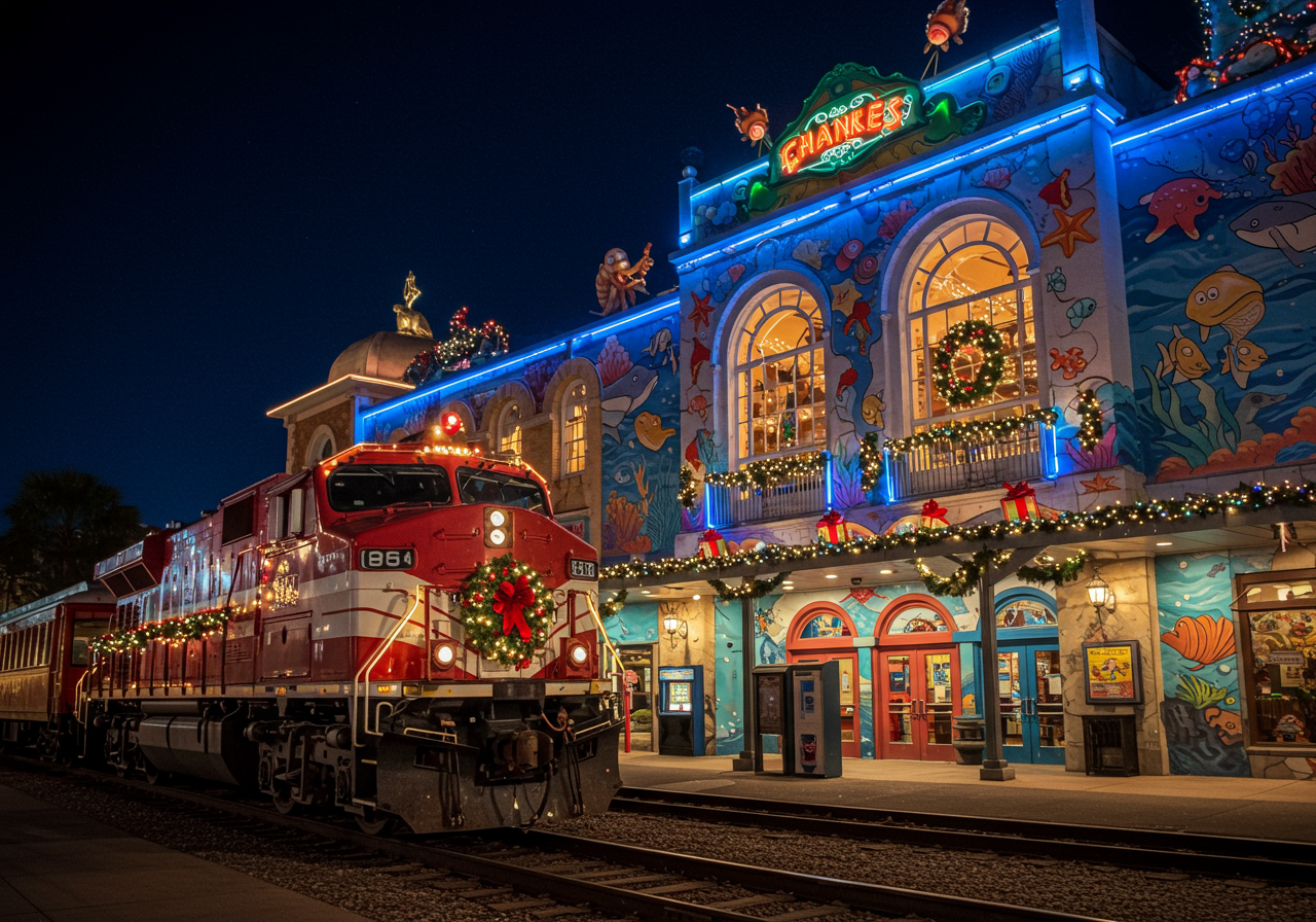 Roaring Camp steam train decorated in Christmas lights.