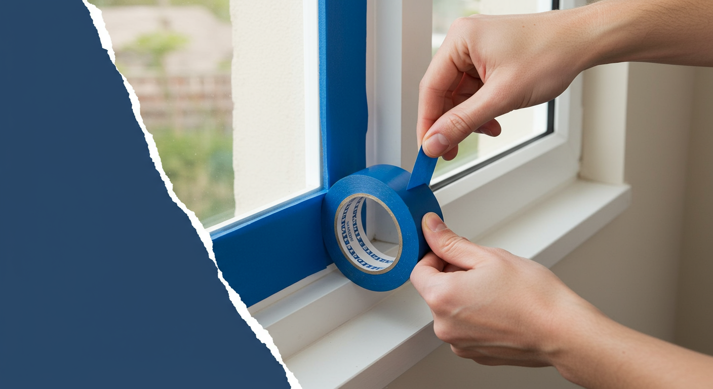 Hands applying blue painter’s tape around a white window frame before painting.