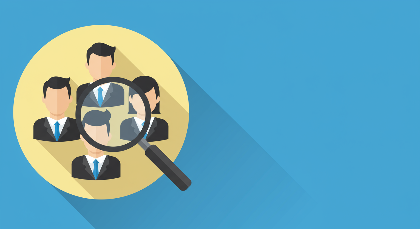 A magnifying glass examines a group of suited professionals.