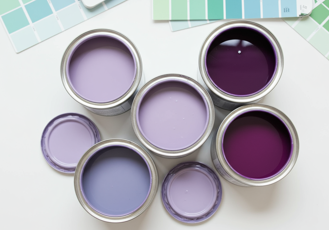 Six small paint cans of periwinkle blue paint.