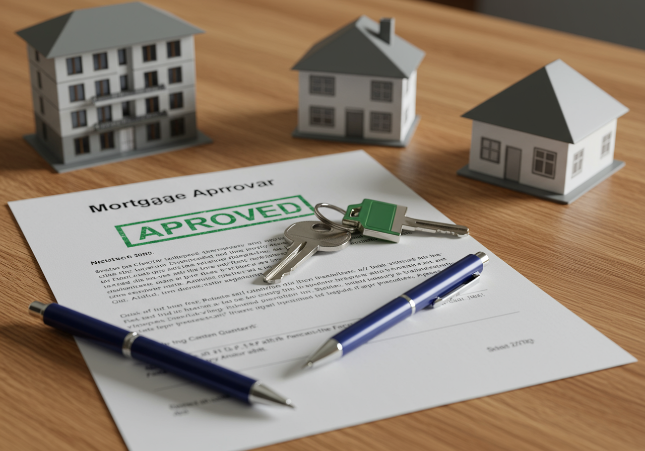 Approved mortgage application form on a desk with house model, a pen, and a keychain featuring a green house icon, symbolizing real estate transactions and homeownership readiness.
