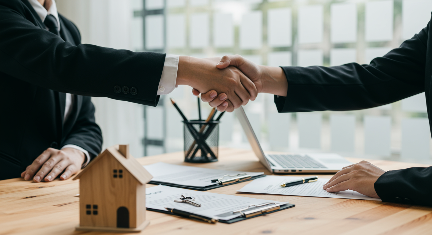 Two people shake hands over home purchase paperwork beside a wooden house model.