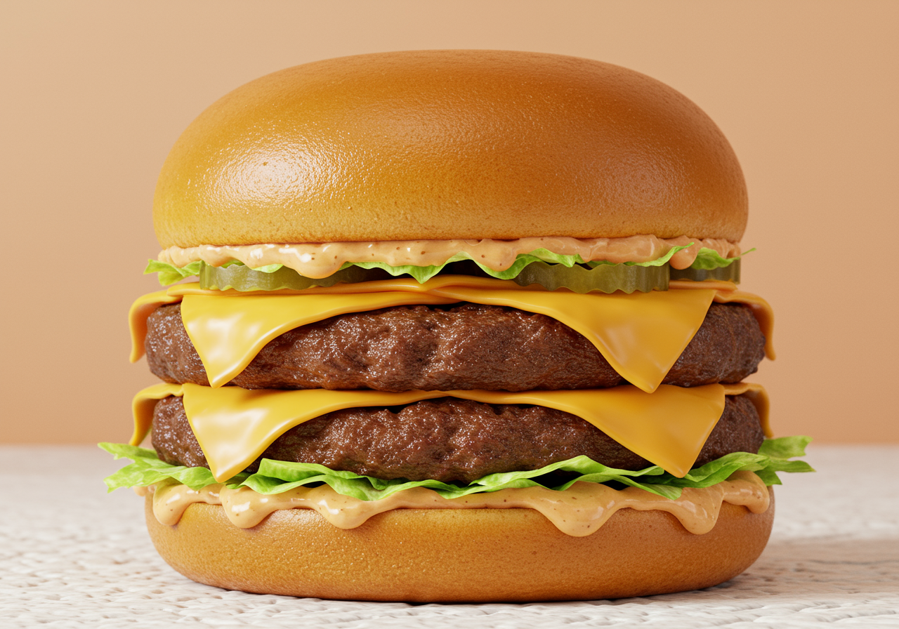 A smashed burger on white linoleum, shown from the side