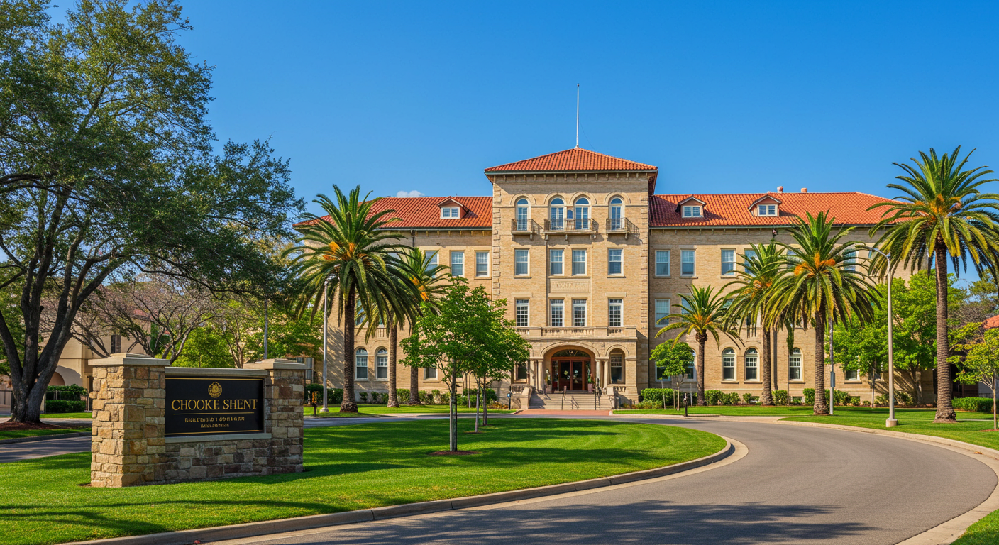 The eight-story yellow brick building of the Presidio Landmark stands out amidst the trees and greenery of the Presidio.