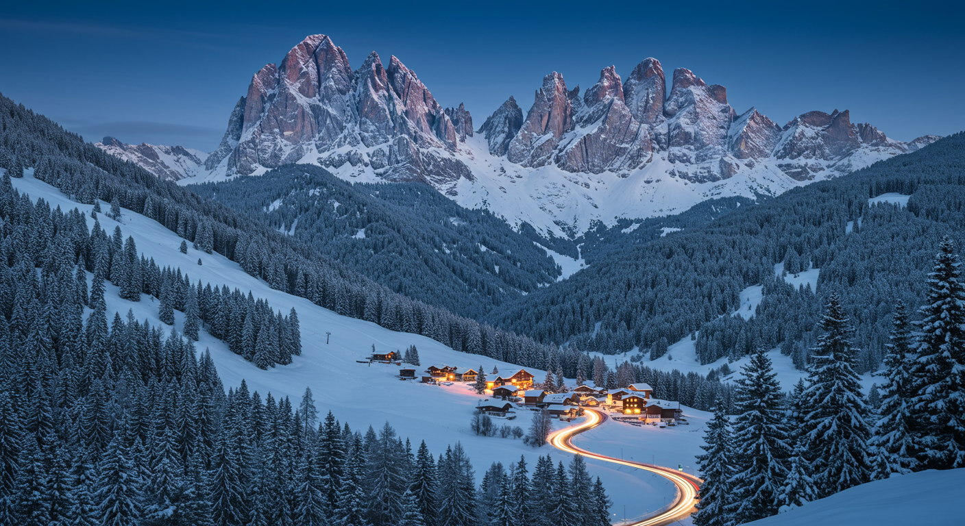 Snow-covered mountains at dusk in Telluride, Colorado.