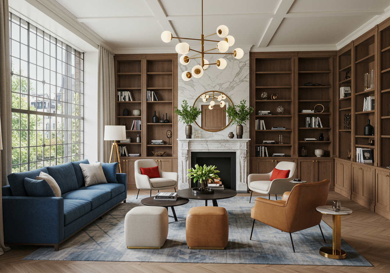 Full window wall with bookshelves fireplace and seating