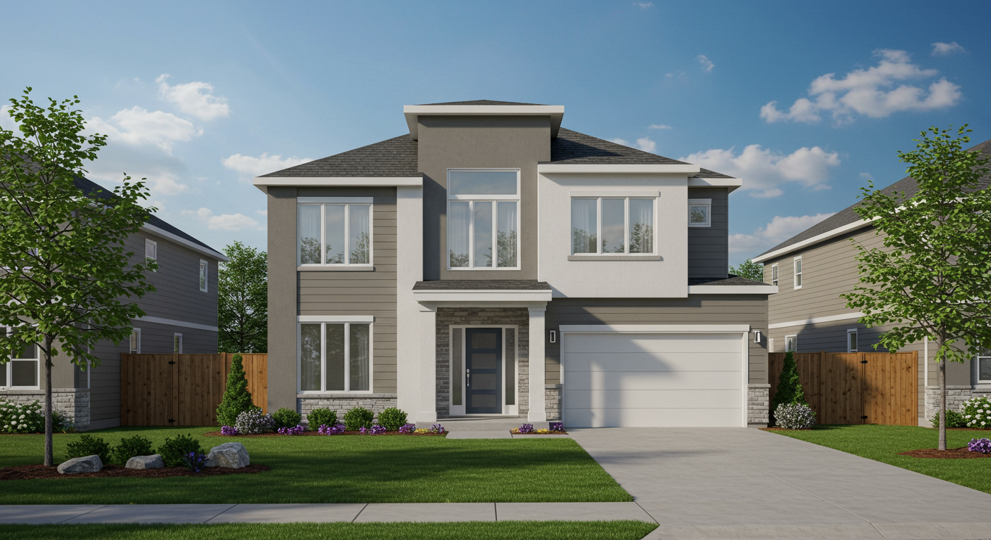 Two-story modern home with a covered entry, attached garage, landscaped lawn, and wide driveway.