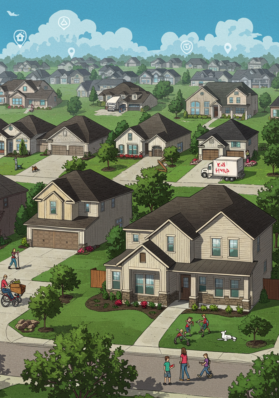 Animated GIF cycling through Houston's top suburban real estate markets for 2024, including Cypress South, Lake Conroe, and Katy/Southwest, showcasing vibrant community images and key sales data.