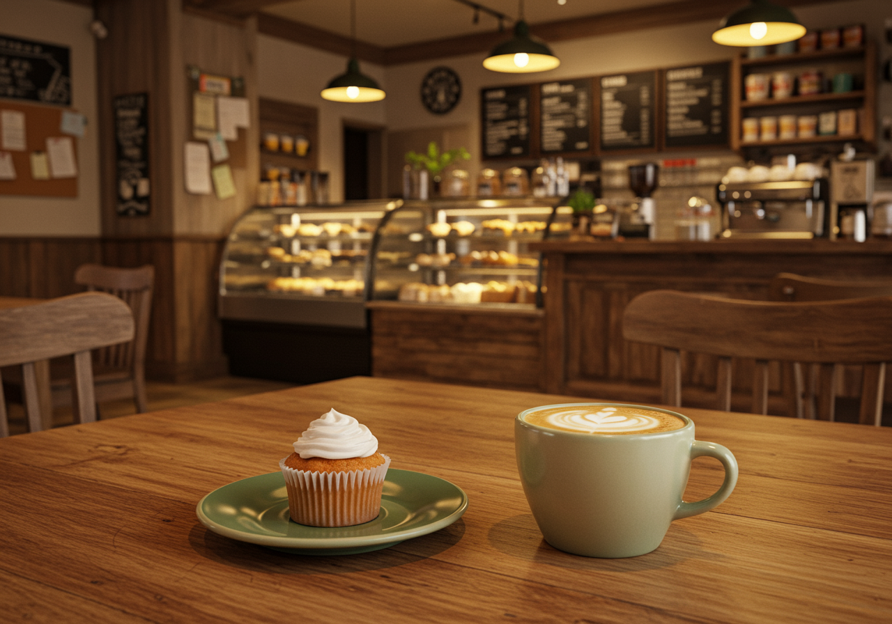 Muffin and cup of coffee at Stellar Brew coffee shop in Mammoth Lakes CA