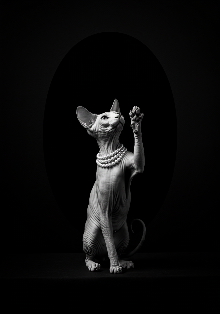 Black and white image of a sphinx cat jumping.
