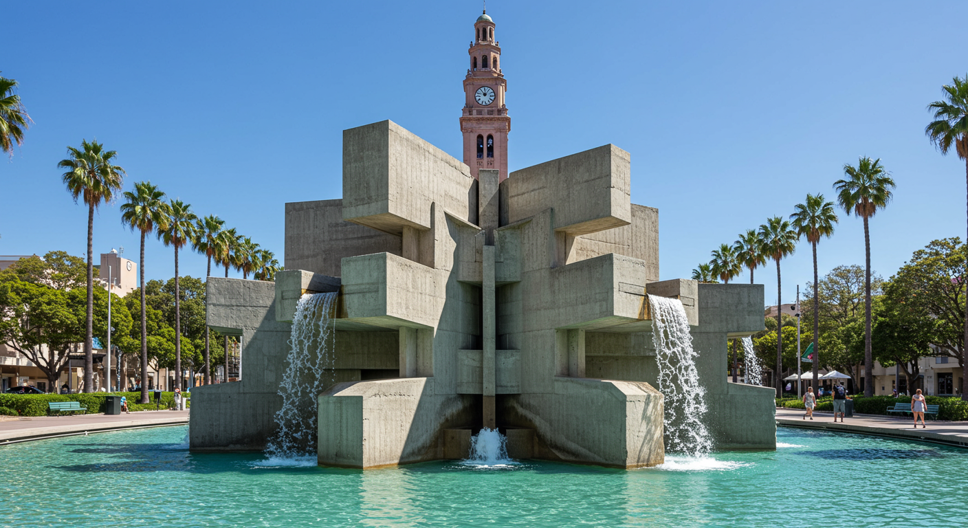 This historic plaza, completed in the 1970s and 80s, marks the end of Market Street, the city's main downtown corridor. Designed by renowned landscape architect Lawrence Halprin, it's part of a larger project creating a pedestrian-friendly experience along the street.