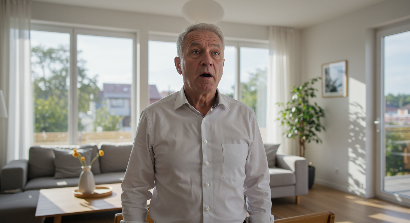  A man with a white shirt covering his mouth in surprise