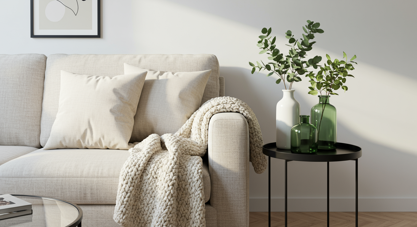 A cozy living room with a light-colored couch, pillow, blanket, coffee table, side table, hardwood flooring, and white walls.