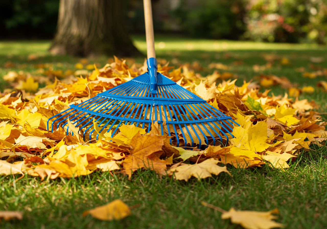 Raking fall leaves with rake