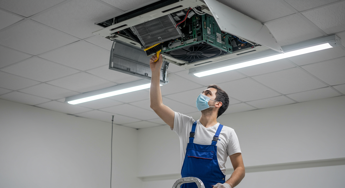 Worker Repairing Ceiling Air Conditioning Unit