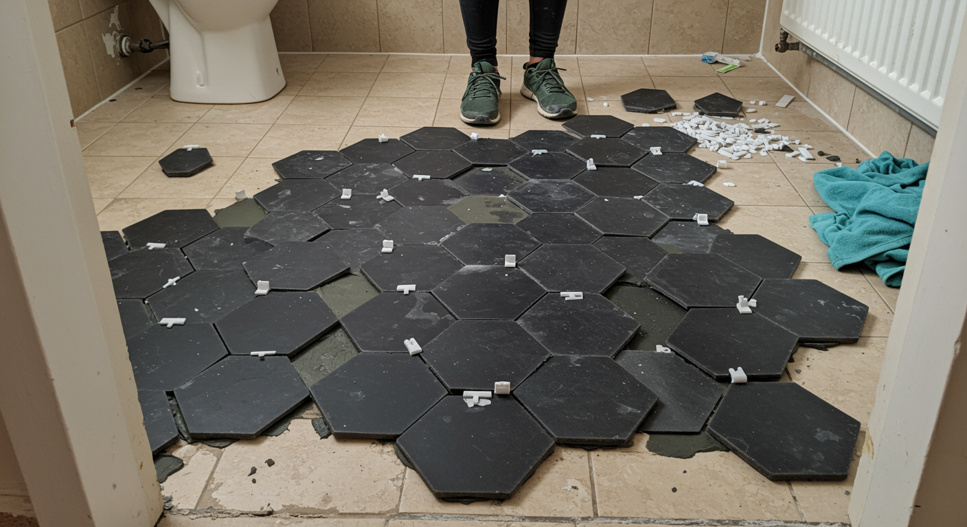 Bathroom floor renovation with loose dark hexagonal tiles and white spacers around a toilet.