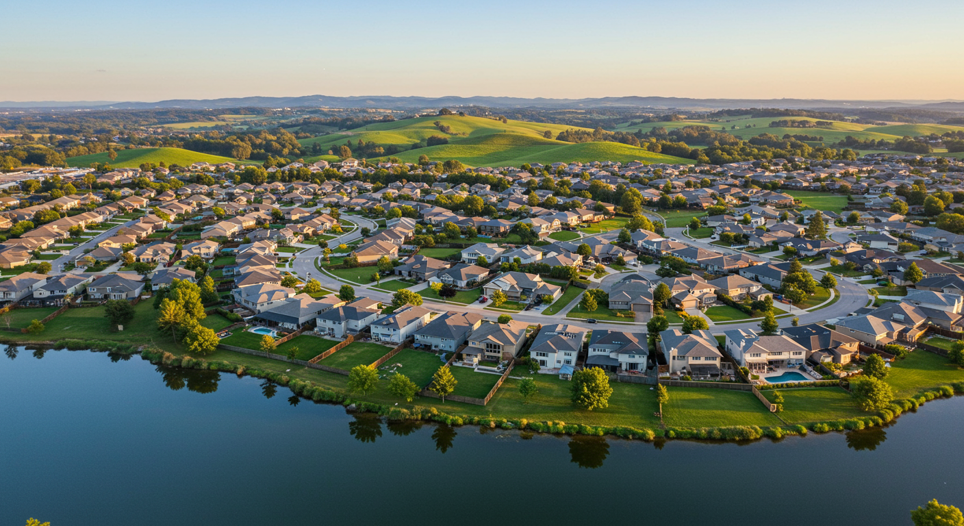 Aerial view of Menifee Lake and neighborhood, residential subdivision vila during sunset. Riverside County, California, United States