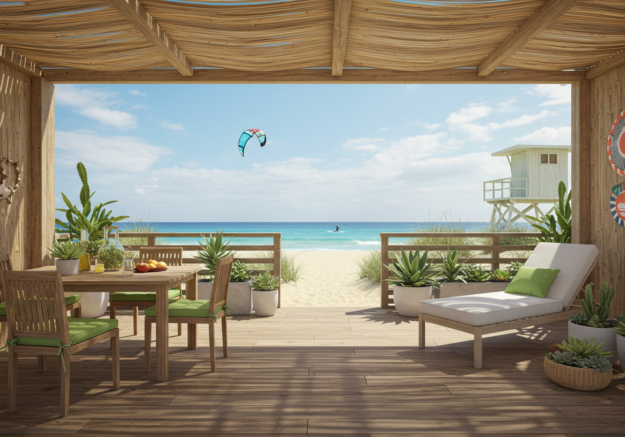 Outdoor deck looking out at ocean views and lush landscaping of natural California succulents and plants