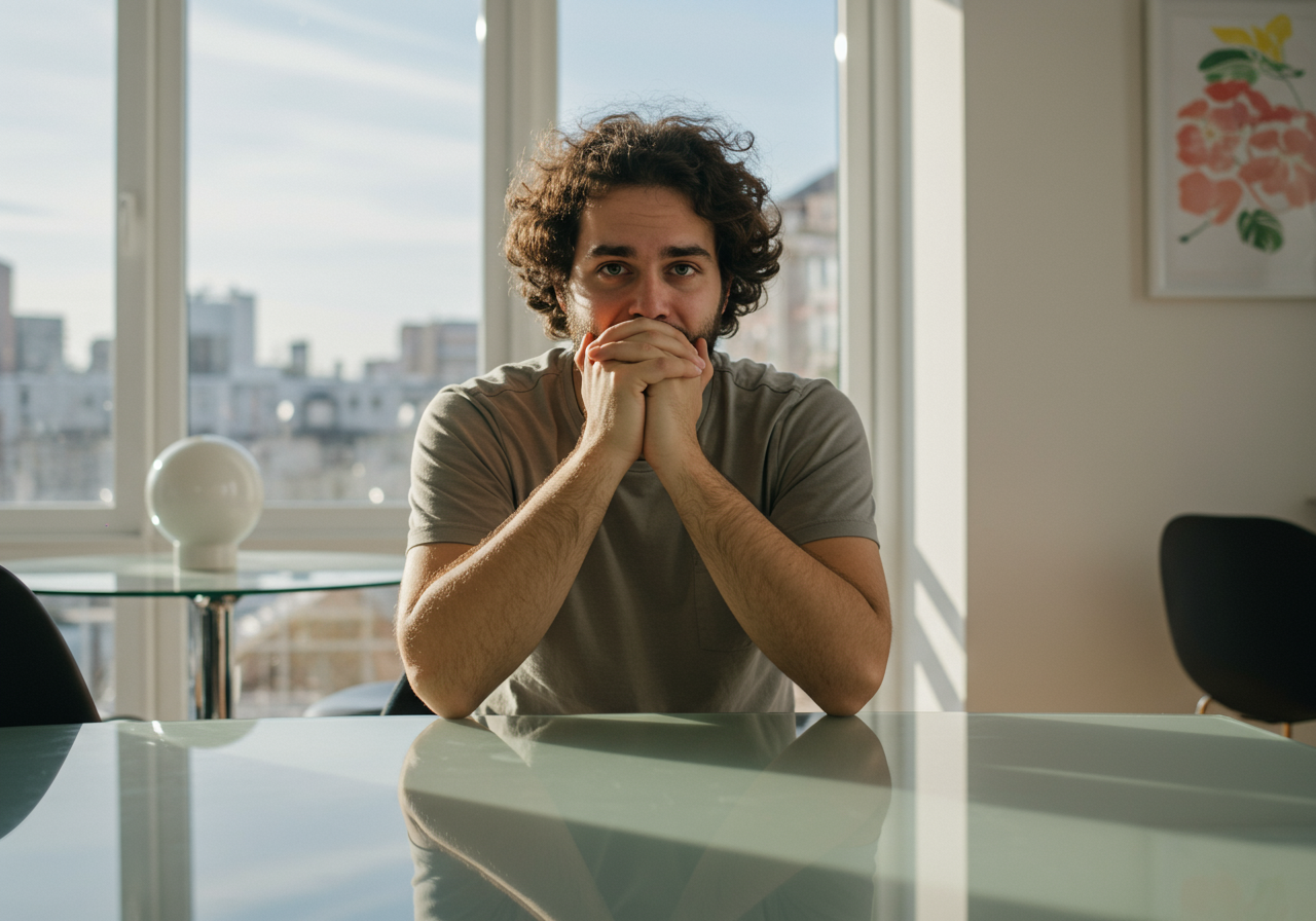 Worried man biting nails, sitting in his home, illustrating financial stress about housing costs.