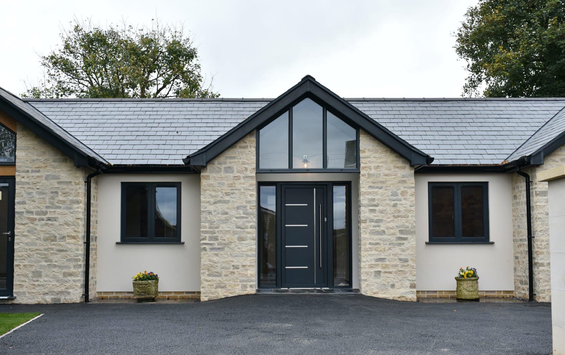 front door of a modern house with garage