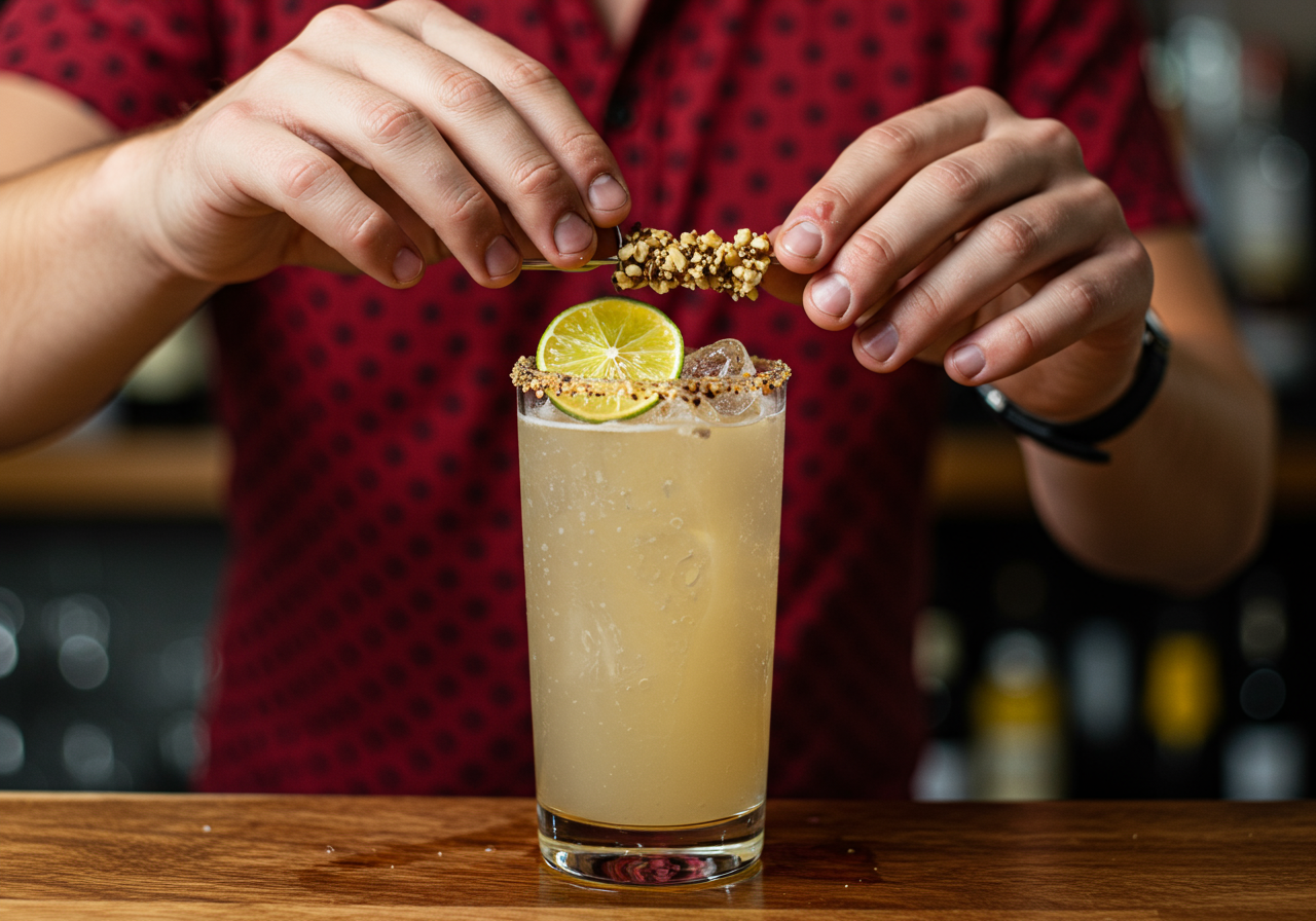 A person places a lime garnish on top of a cocktail in a tall collins glass.