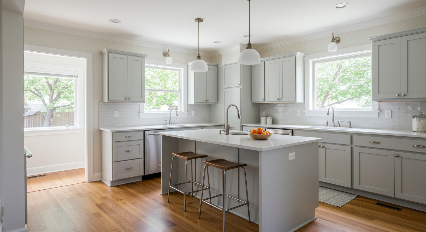 a kitchen with a bar stools