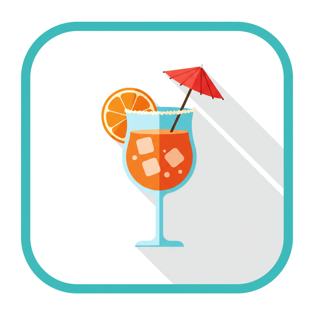 Orange cocktail with ice, an orange slice, and a red umbrella