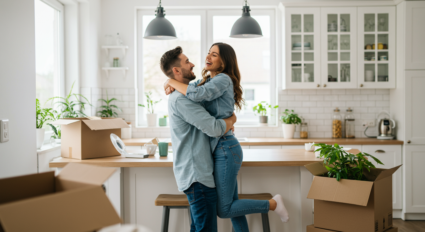 Bright kitchen with moving boxes as a couple embraces in their new home.