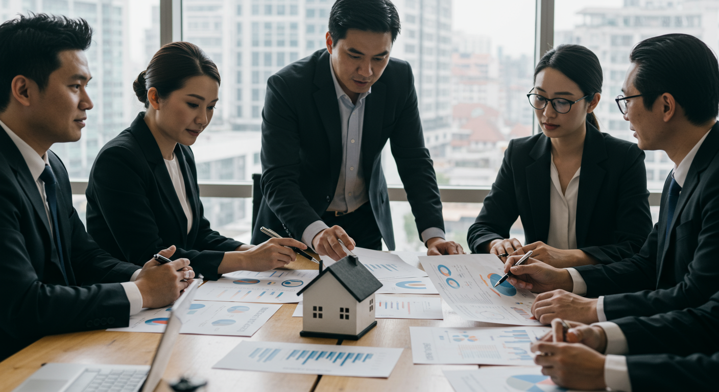 Real estate professionals review housing market charts around a table with a model home.