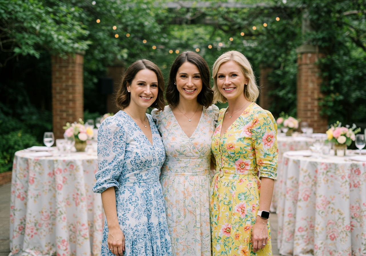 Three women pose together at an outdoor celebration in floral dresses.