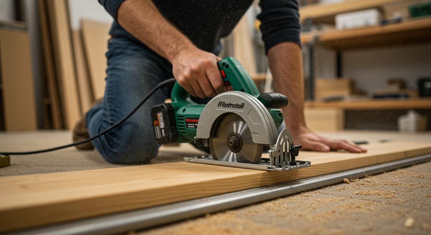 A maintenance professional sawing wood for a house.