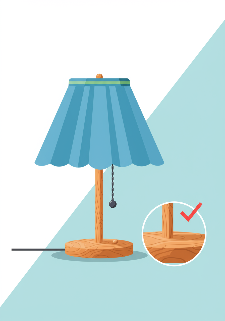 Blue table lamp with a wooden base, shown with a checked close-up of the base.