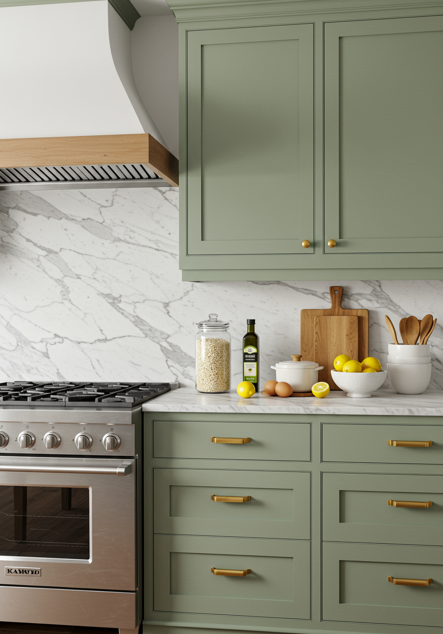 green kitchen with wood cabinets and wood cutting board decor