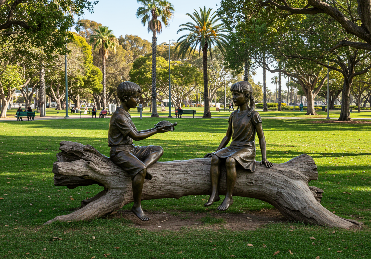 A bronze sculpture depicts two children sitting on a log is planted under a shaded patch of grass at Pines Park. The children look at a turtle held by one of the them. Their clothing is a bright, teal-green. 