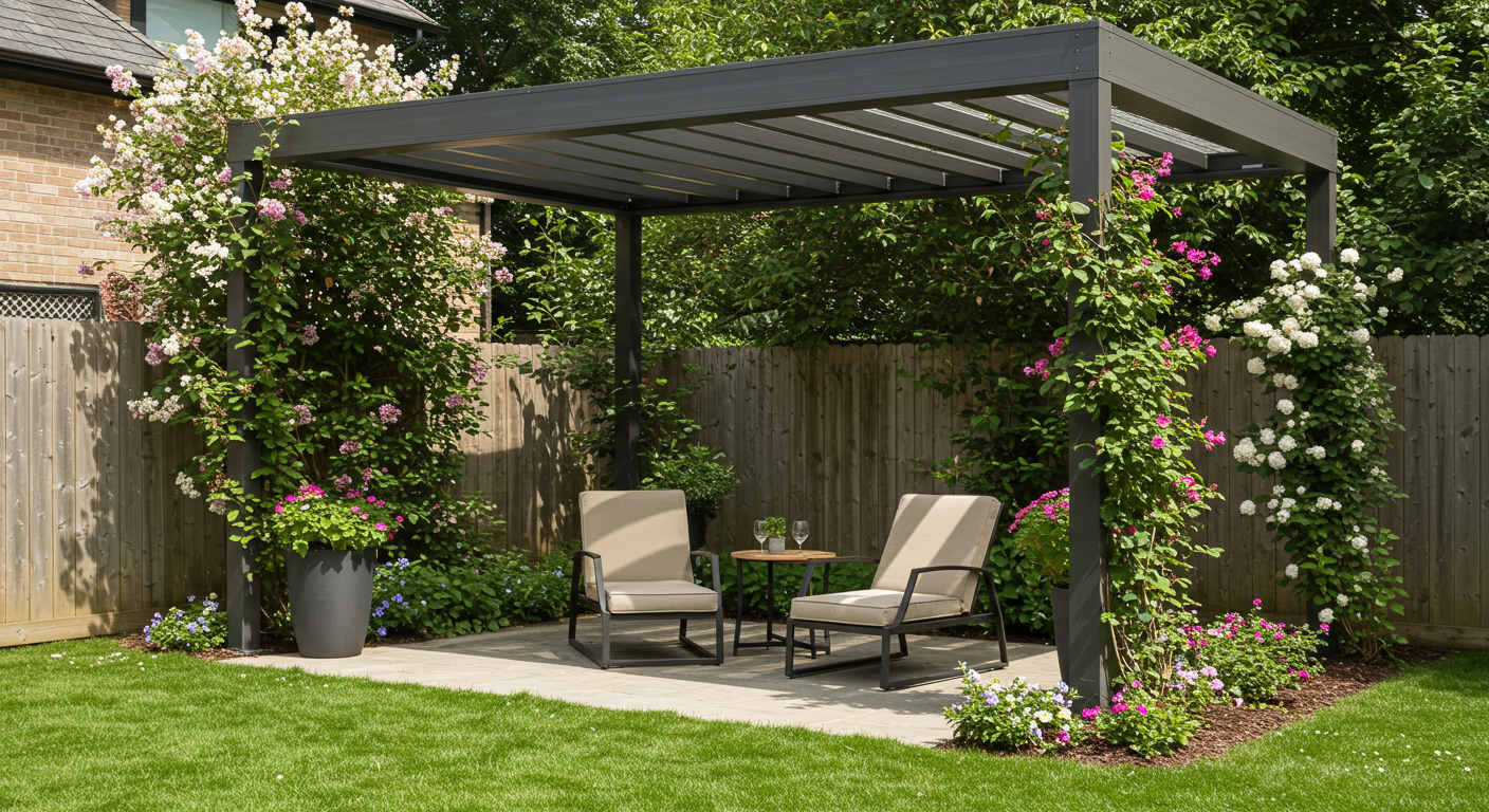 Two outdoor chairs under a pergola on a yard
