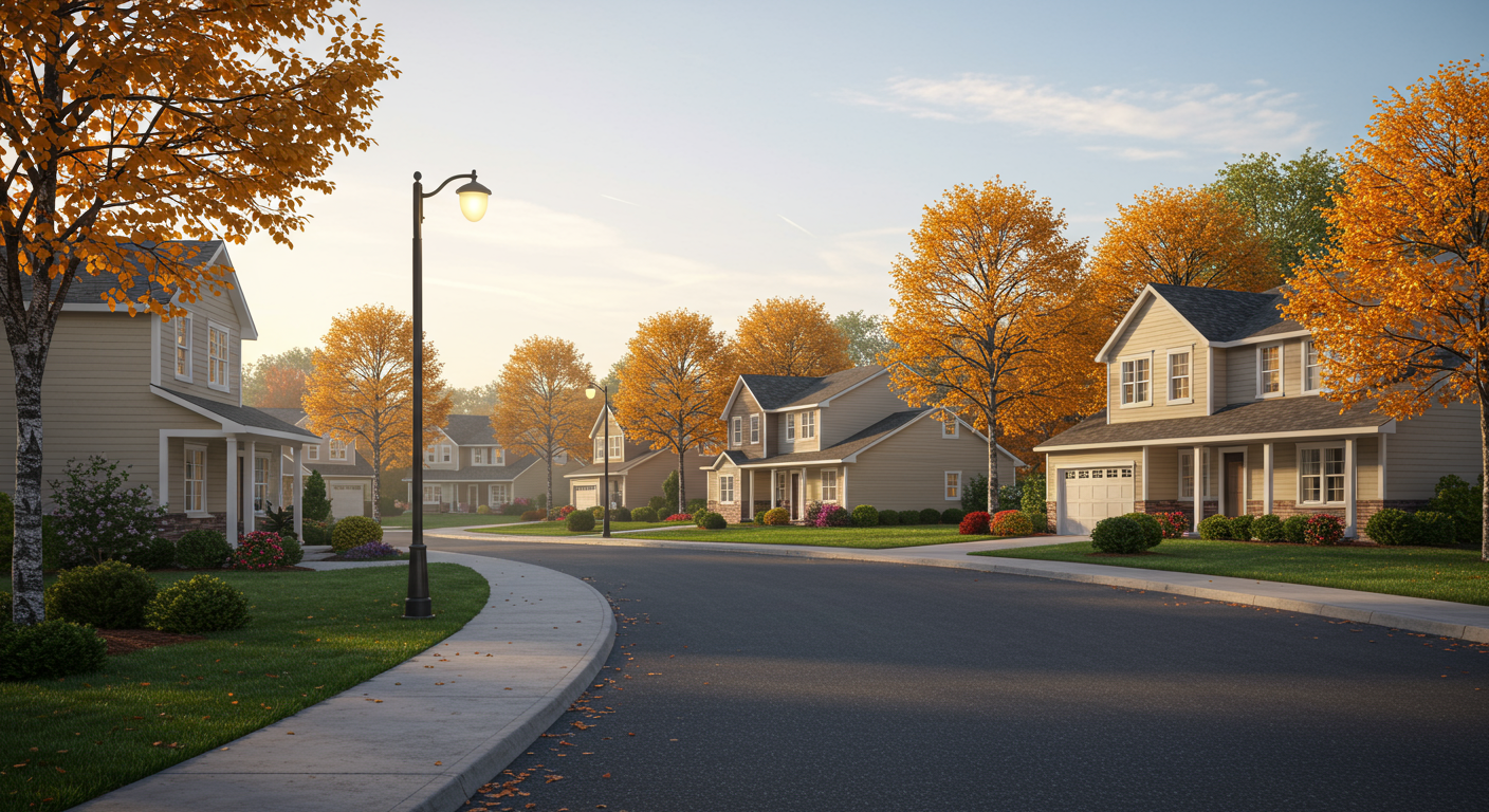 Suburban homes along a curving street beneath orange autumn trees at golden hour.