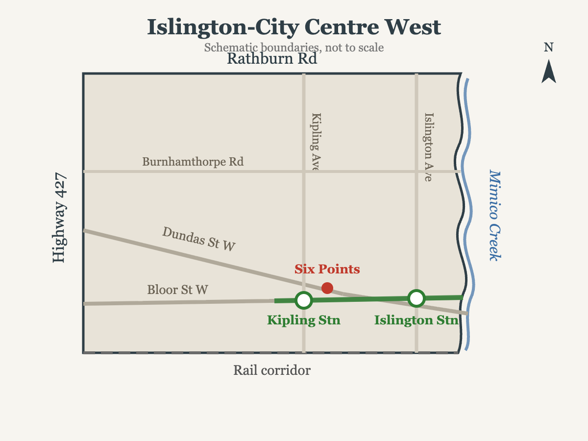 Schematic boundary map of Islington-City Centre West showing Rathburn Road, Highway 427, Mimico Creek, the rail corridor, Six Points, and the Kipling and Islington subway stations
