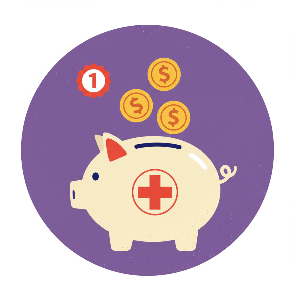 Piggy bank marked with a medical cross beneath three dollar coins and a number 1 badge