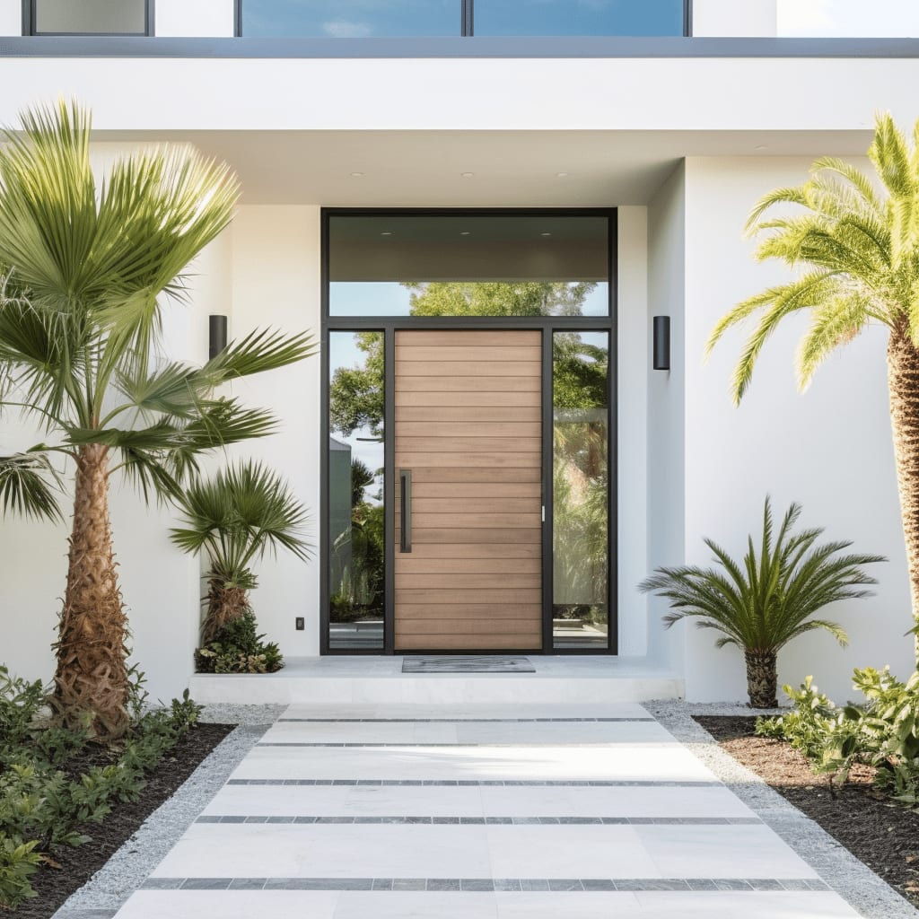 A modern front door with a chrome handle and glass at the sides.