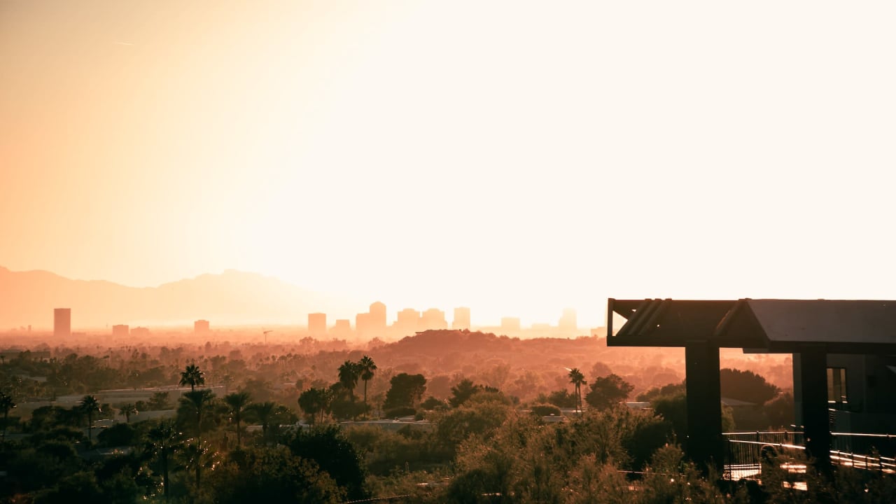 Sunset view of a city skyline with a silhouette of trees and rooftops in the foreground.