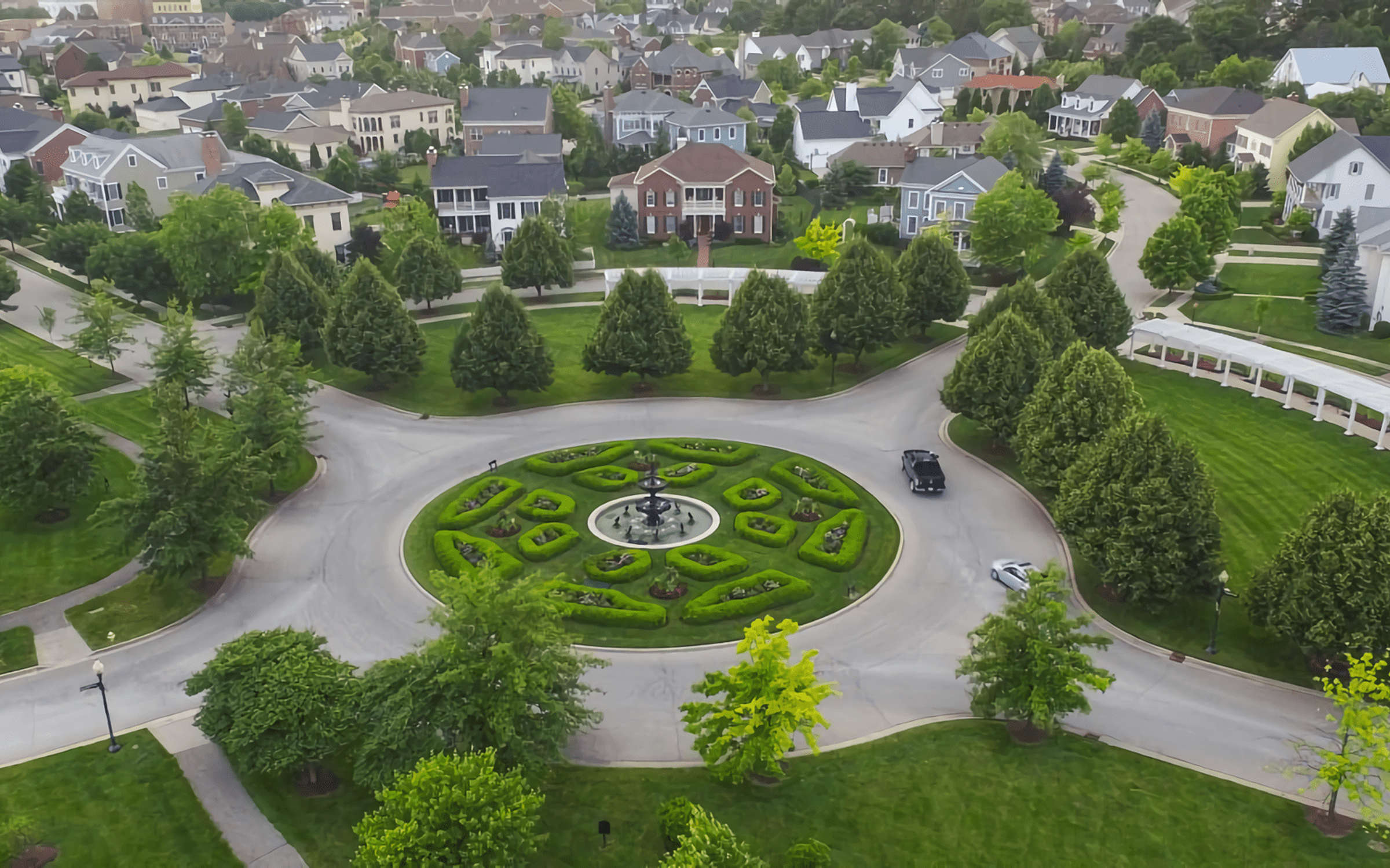 Aerial view of a landscaped residential community in Carmel Indiana
