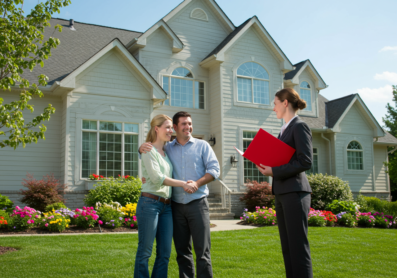 Happy family with agent realtor near new house.